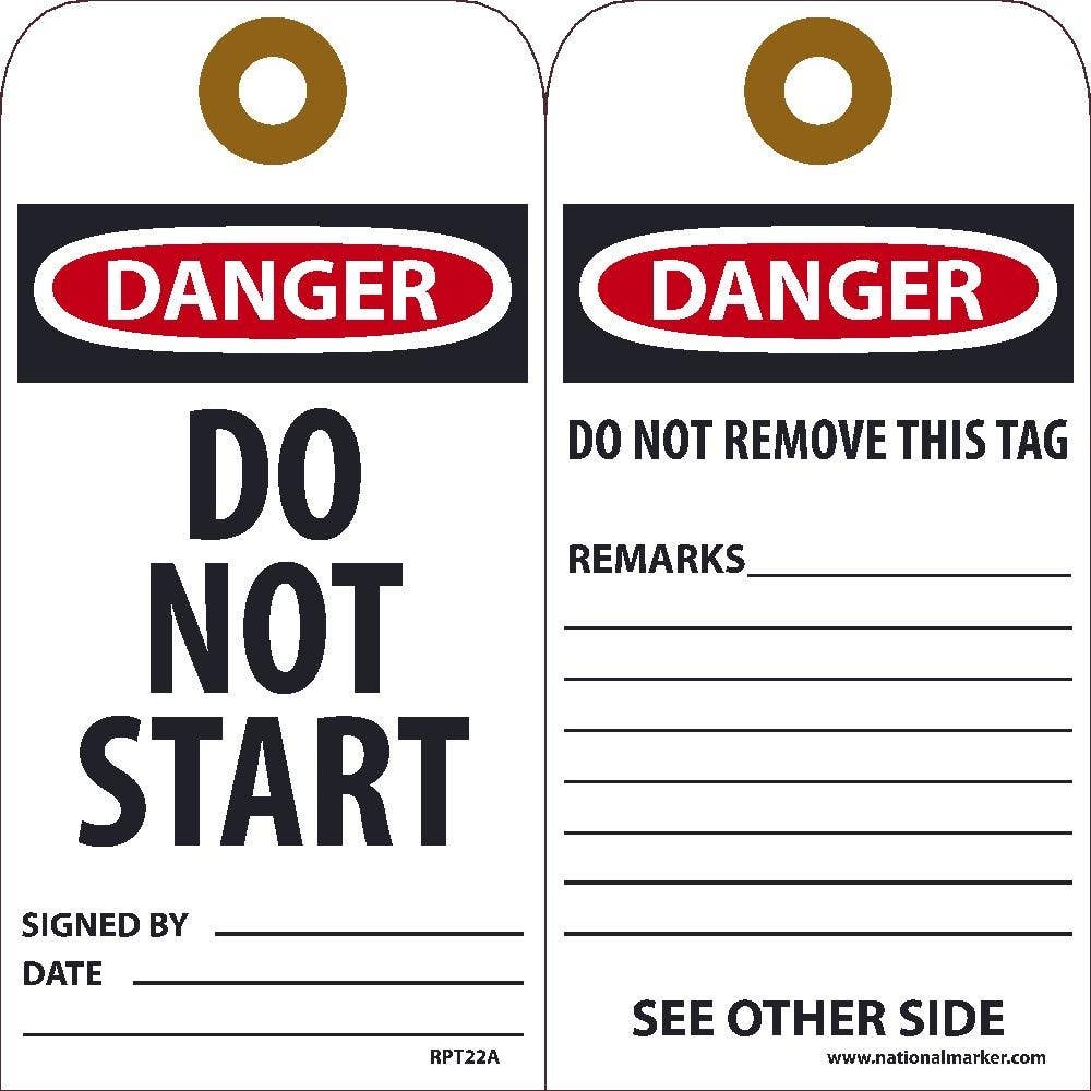 AccuformNMC RPT22A Danger, Do Not Start Tag, 6" x 3", Unrippable Vinyl w/ 1 Top Center Hole, Zip Ties Included, 25/Pk