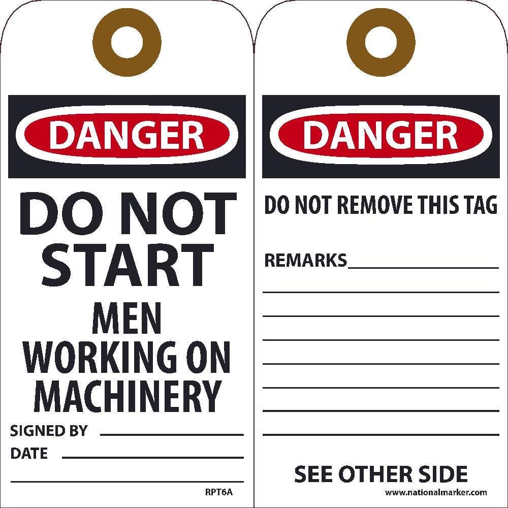 AccuformNMC RPT-6A Danger, Do Not Start Tag, 6" x 3", Unrippable Vinyl w/ 1 Top Center Hole, Zip Ties Included, 25/Pk