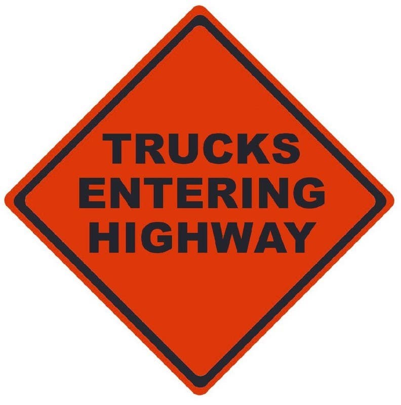 AccuformNMC RUNR Trucks Entering Highway, Traffic Roll-Up Sign, Non-Reflective Vinyl