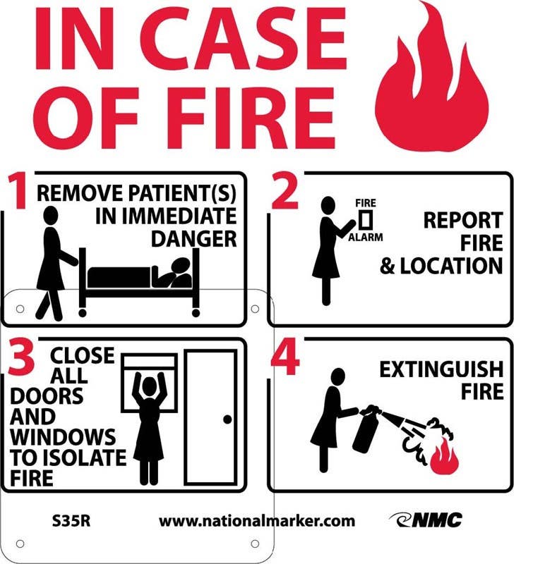 AccuformNMC S35 In Case Of Fire, Instructions For Hospital Sign w/ Graphic, 7" x 7"