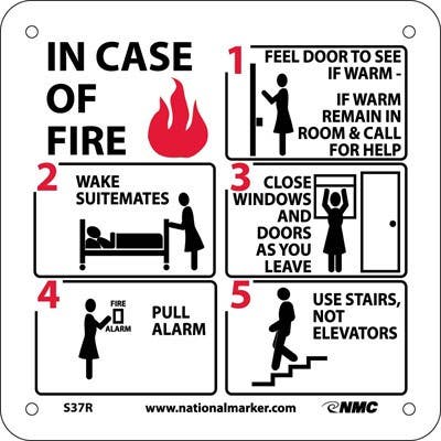 AccuformNMC S37 Hotel Motel Fire Emergency Instructions Sign w/Graphic, 7" x 7"