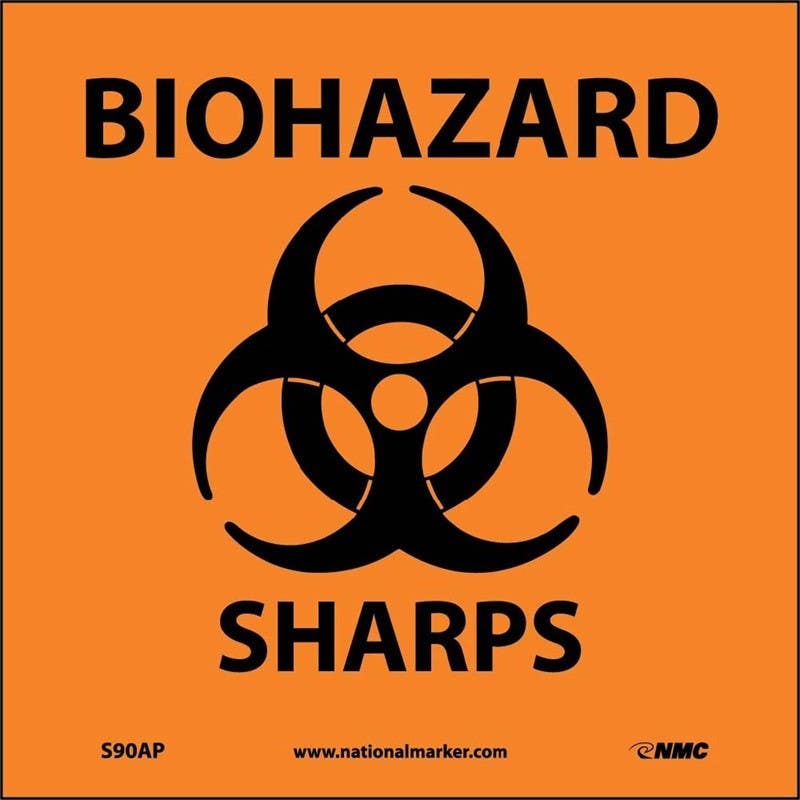 AccuformNMC S90AP Biohazard Sharps Label (Graphic), 4" x 4", Adhesive Backed Vinyl, 5/Pk