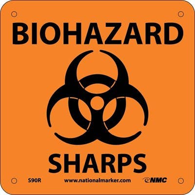 AccuformNMC S90R Biohazard Sharps Sign w/Graphic, Rigid Plastic, 7" x 7"