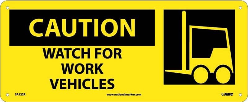 AccuformNMC SA122 Caution, Watch For Work Vehicles Sign w/ Graphic, 7" x 17"