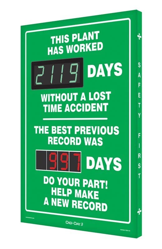 AccuformNMC SCK119 Digi-Day Electronic Safety Scoreboard, This Plant Has Worked _ Days..., 28" H x 20" W, Aluminum Face