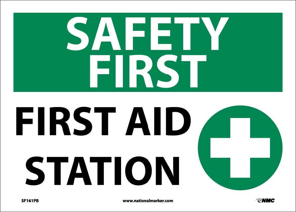 AccuformNMC SF161AB Safety First, First Aid Station Sign, Standard Aluminum, 10" H x 14" W
