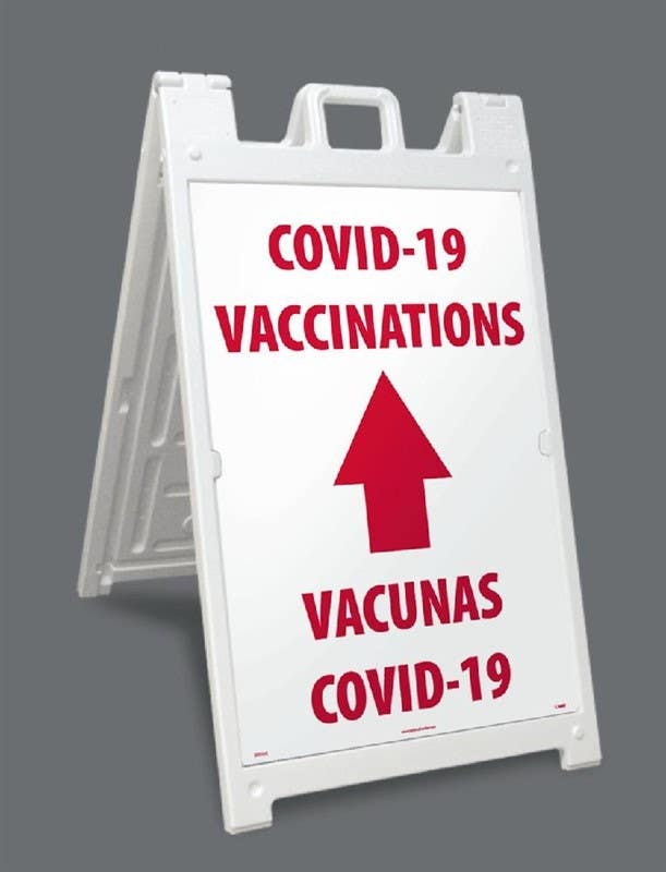 AccuformNMC SBPFR022 Fold-Ups Floor Sign, COVID-19 Vaccinations / Vacunas COVID-19 (Up Arrow), 20" x 12"