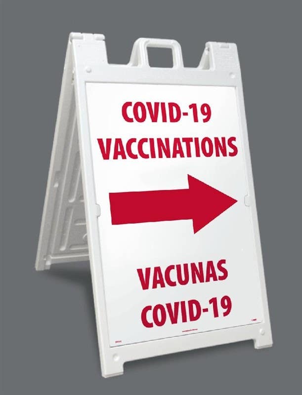 AccuformNMC SBPFR021 Fold-Ups Floor Sign, COVID-19 Vaccinations / Vacunas COVID-19 (right arrow), 20" x 12"