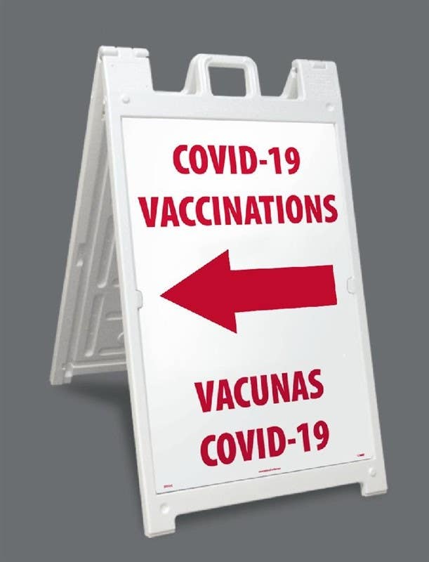 AccuformNMC SBPFR020 Fold-Ups Floor Sign, COVID-19 Vaccinations / Vacunas COVID-19 (left arrow), 20" x 12"