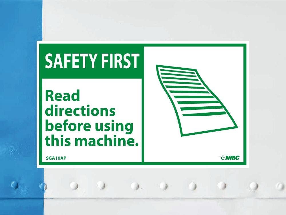 AccuformNMC SGA10AP Safety First, Read Directions Before Using This Machine Label, 3" x 5", PS Vinyl, 5/Pk