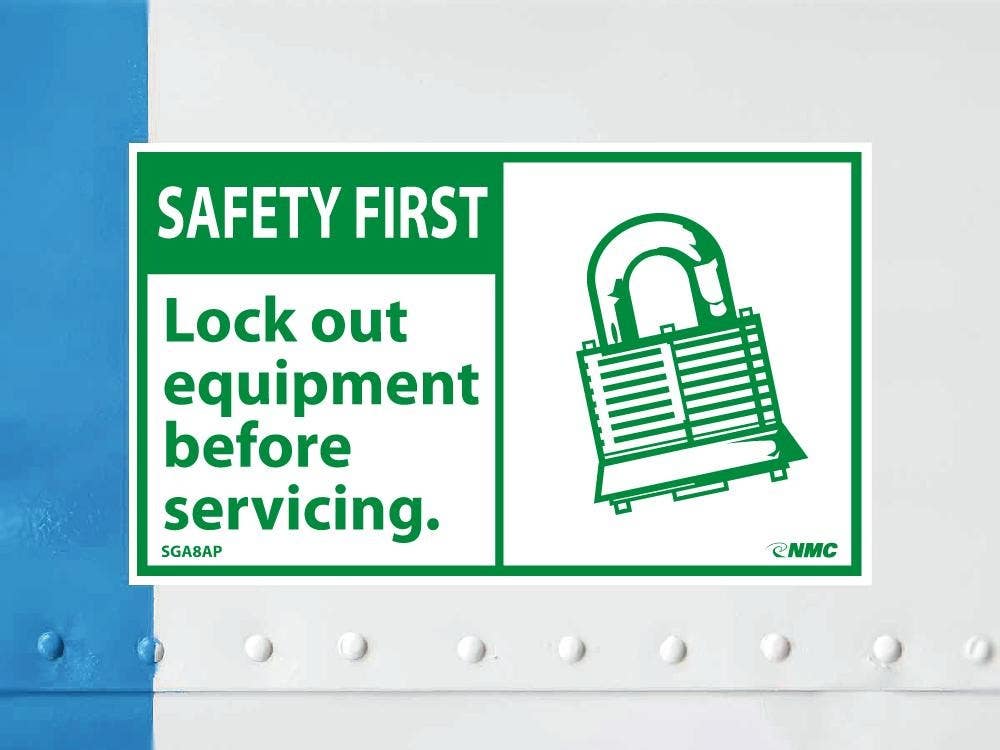 AccuformNMC SGA8AP Safety First, Lockout Equipment Before Servicing Label, 3" x 5", PS Vinyl, 5/Pk