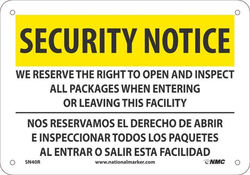 AccuformNMC SN40 Security Notice, We Reserve The Right To Open & Inspect Sign (Bilingual)