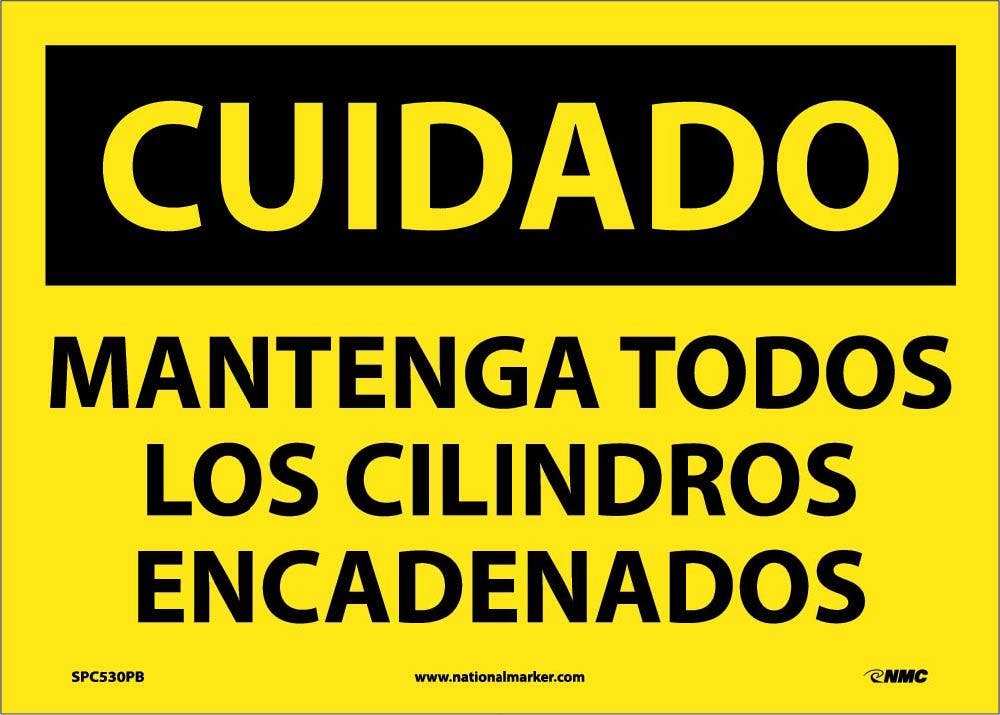 AccuformNMC SPC530 Caution, Keep All Cylinders Chained Sign (Spanish), 10" x 14"
