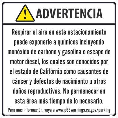 AccuformNMC SPCP20 Parking Garage CA Prop 65 Sign (Spanish), 24" x 24"