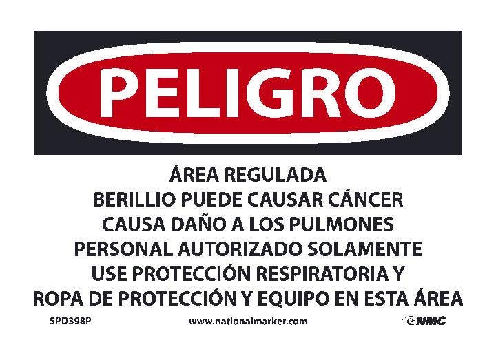 AccuformNMC SPD398 Danger, Regulated Area, Beryllium May Cause Cancer Sign (Spanish)