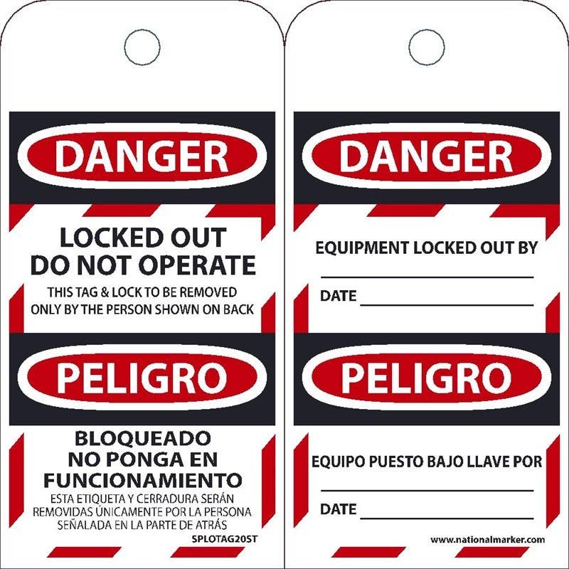 AccuformNMC TAR462 Bilingual OSHA Danger Tags By-The-Roll, Locked Out Do Not Operate, PF-Cardstock, 100/Roll