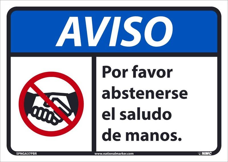 AccuformNMC SPNGA37 Notice, Please Refrain From Shaking Hands Sign (Spanish), 10" x 14"