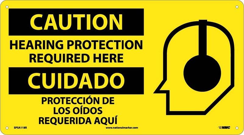 AccuformNMC SPSA118 Caution, Hearing Protection Required Here Sign (Bilingual w/ Graphic), 10" x 18"