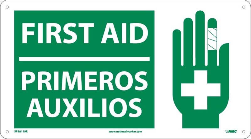 AccuformNMC SBMFSD Bilingual ANSI ISO Safety Sign, First Aid (English, Espanol)