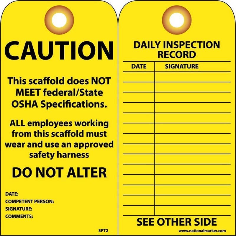 AccuformNMC SVT2 Caution, Scaffold Does Not Meet Tag, Yellow, 6" x 3", Cardstock w/ Grommet, 25/Pk