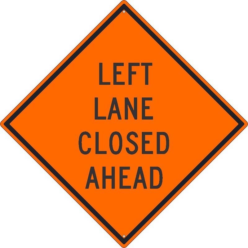 AccuformNMC FRK Rigid Construction Sign, Left Lane Closed Ahead