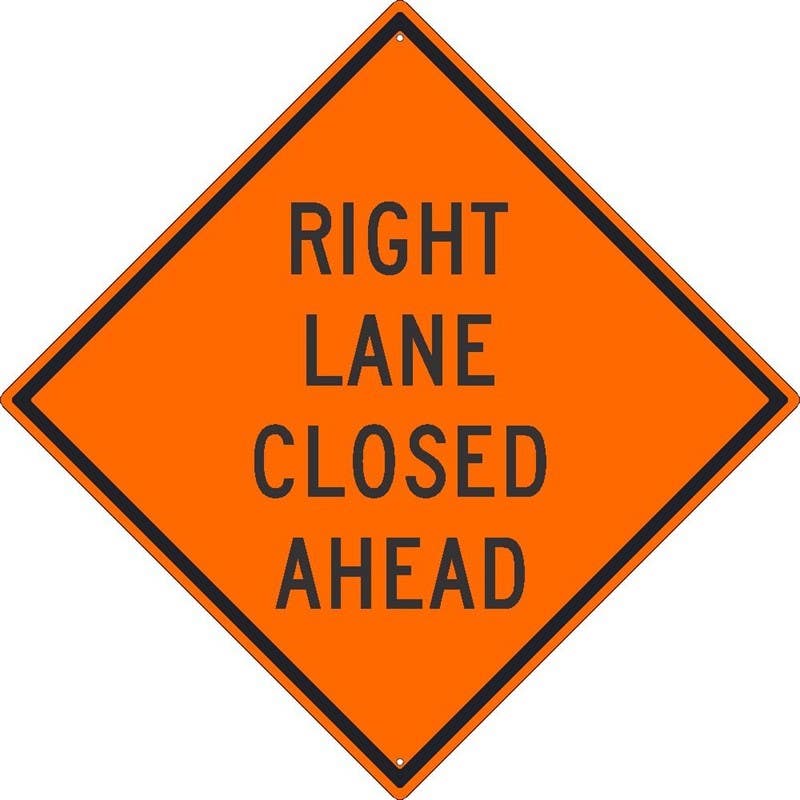 AccuformNMC FRK Rigid Construction Sign, Right Lane Closed Ahead
