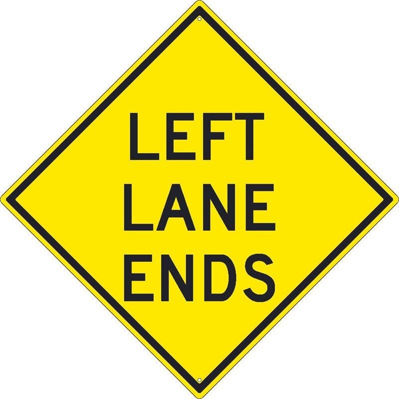 AccuformNMC TM259K Left Lane Ends Sign, 30" x 30", .080 HIP Reflective Aluminum