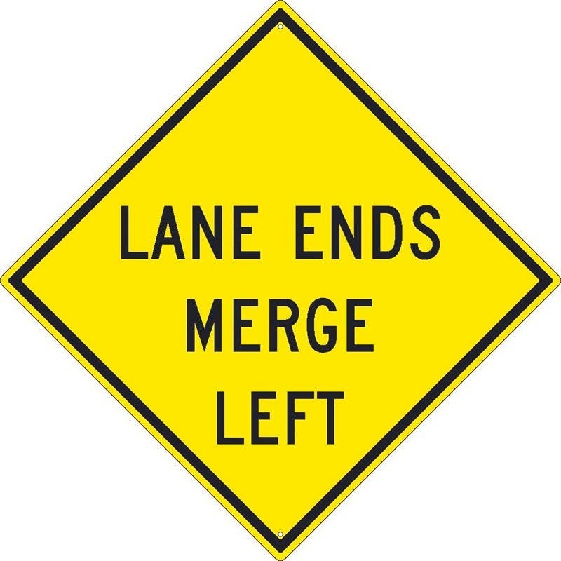 AccuformNMC TM260K Lane Ends Merge Left Sign, 30" x 30", .080 HIP Reflective Aluminum