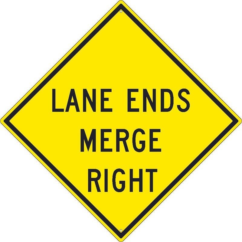 AccuformNMC FRW Lane Guidance Sign, Lane Ends Merge Left/Right, 30" x 30"