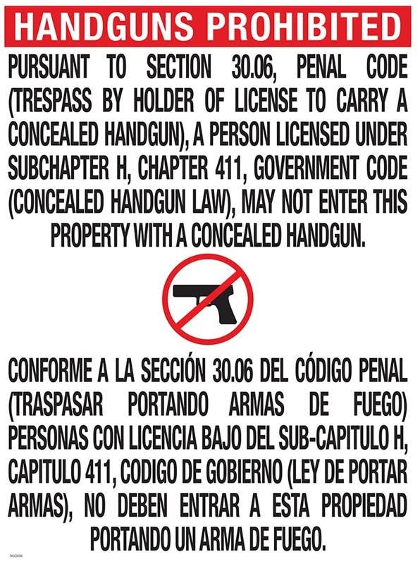 AccuformNMC TOC-1 Handguns Prohibited, Texas Open Carry 30.06 Poster, 24" x 18"