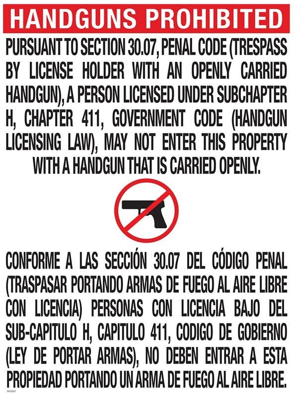 AccuformNMC TOC-2 Handguns Prohibited, Texas Open Carry 30.07 Poster, 24" x 18"