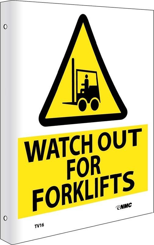 AccuformNMC TV16 2-View, Watch Out For Forklifts Flanged Sign, 10" x 8", Rigid Plastic