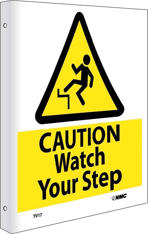 AccuformNMC TV17 2-View, Caution Watch Your Step Flanged Sign, 10" x 8", Rigid Plastic