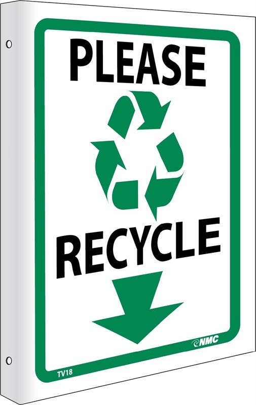AccuformNMC TV18 2-View, Please Recycle Flanged Sign, Rigid Plastic, 10" x 8"