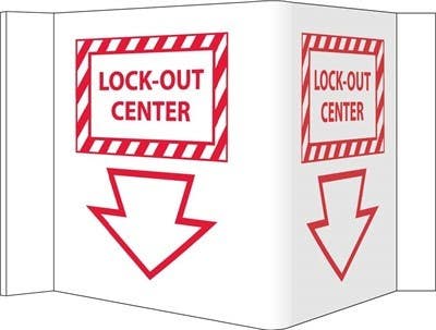 AccuformNMC VS20W 3-View, Lock-Out Center VISI Sign, Rigid Vinyl, White, 5.75" x 8.75"