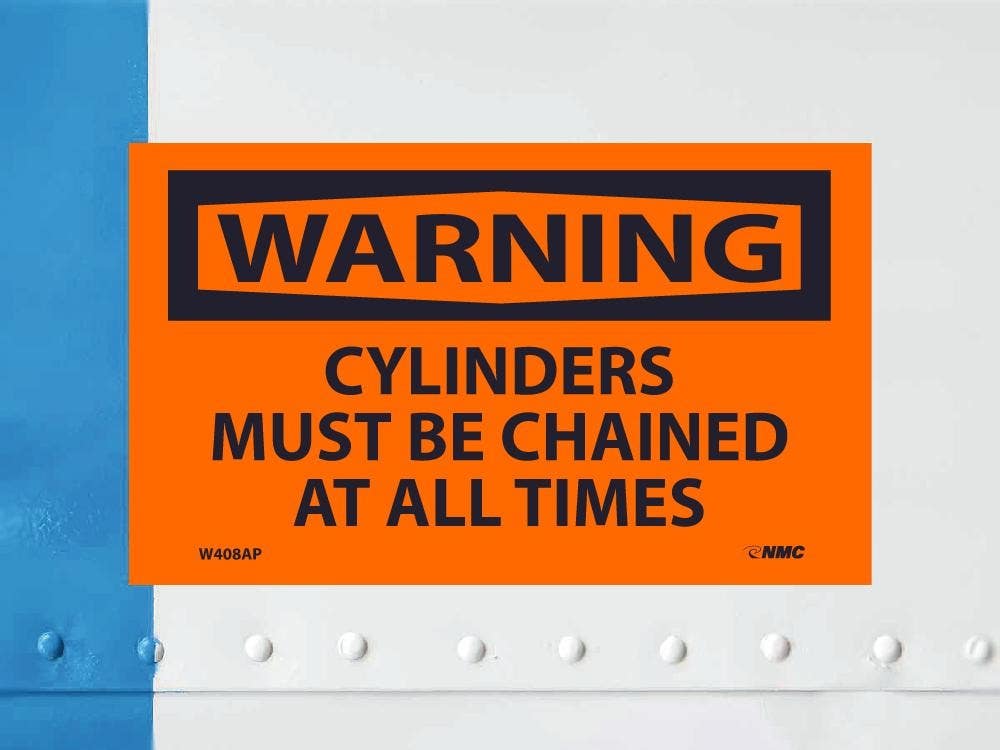 AccuformNMC W408AP Warning, Cylinders Must Be Chained At All Times Label, Adhesive Backed Vinyl, 3" x 5", 5/Pk