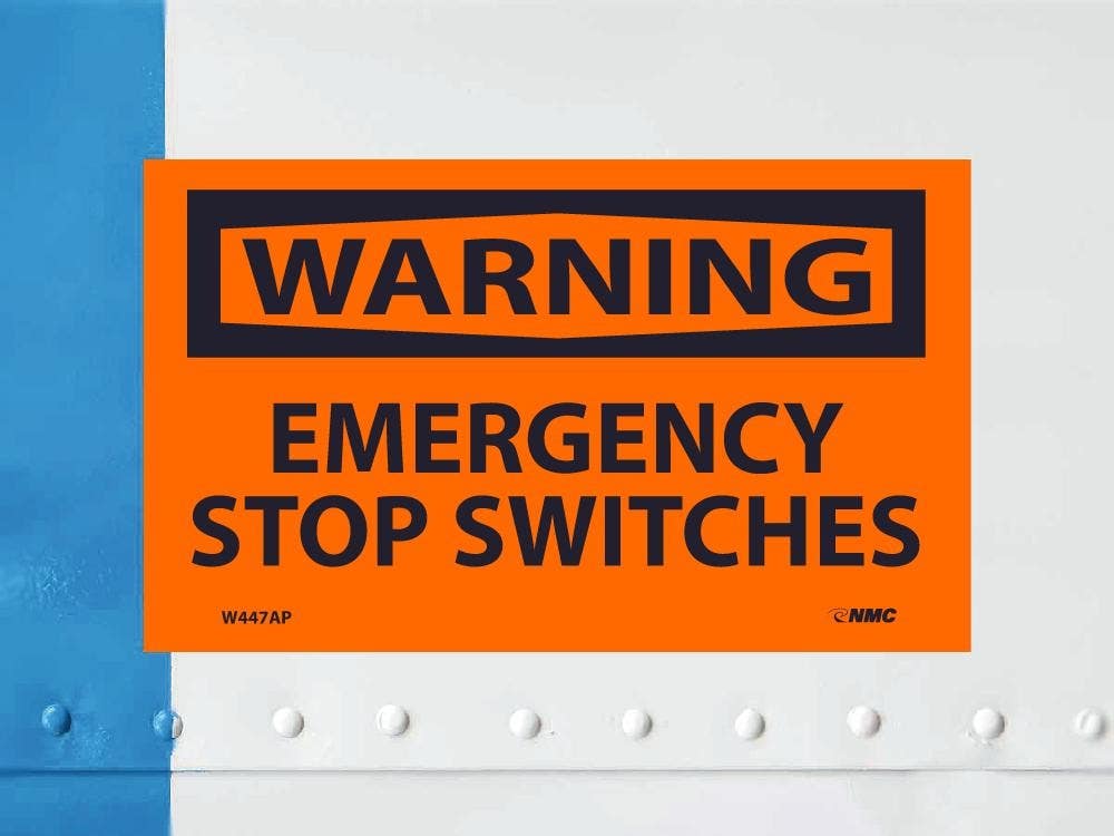 AccuformNMC LELC324VSP OSHA Warning Safety Label, Emergency Stop Switches, Adhesive Vinyl, 3-1/2" x 5", 5/Pk