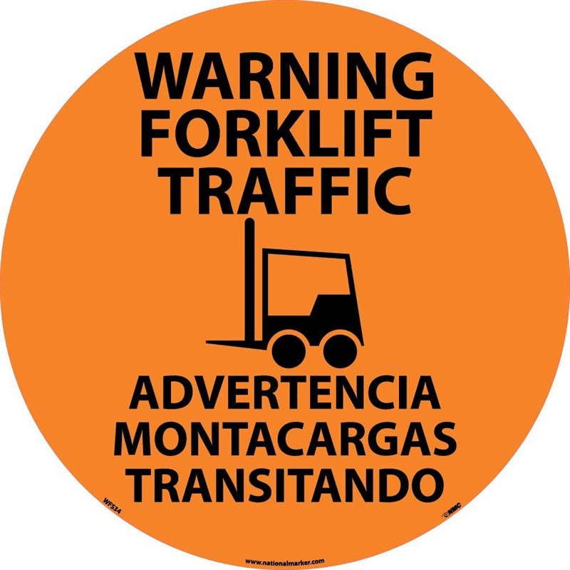 AccuformNMC WFS Warning Forklift Traffic (Eng/Span), Walk On Floor Sign, 17" Dia.