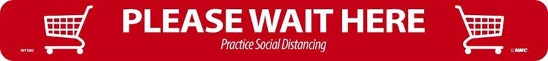 AccuformNMC WFS Please Wait Here Practice Social Distancing Floor Strip, 2.25" x 20", Red On White