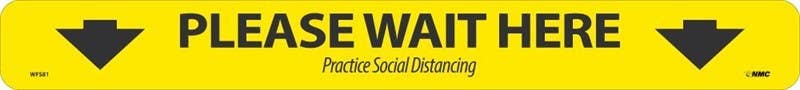 AccuformNMC WFS Please Wait Here Practice Social Distancing Floor Strip, 2.25" x 20", Black On Yellow