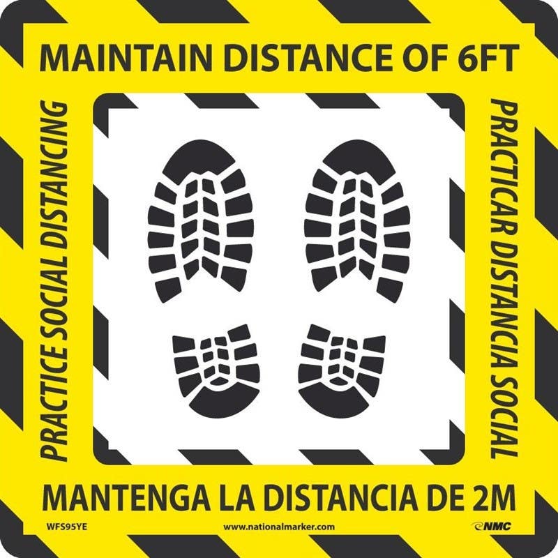 AccuformNMC WFS Maintain Distance Of 6 Ft Floor Sign (Footprints), Bilingual