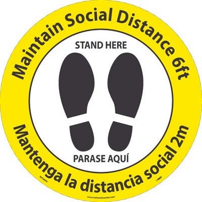AccuformNMC WFS Maintain Social Distance 6 Ft, Stand Here Floor Sign, Bilingual, 8" x 8"