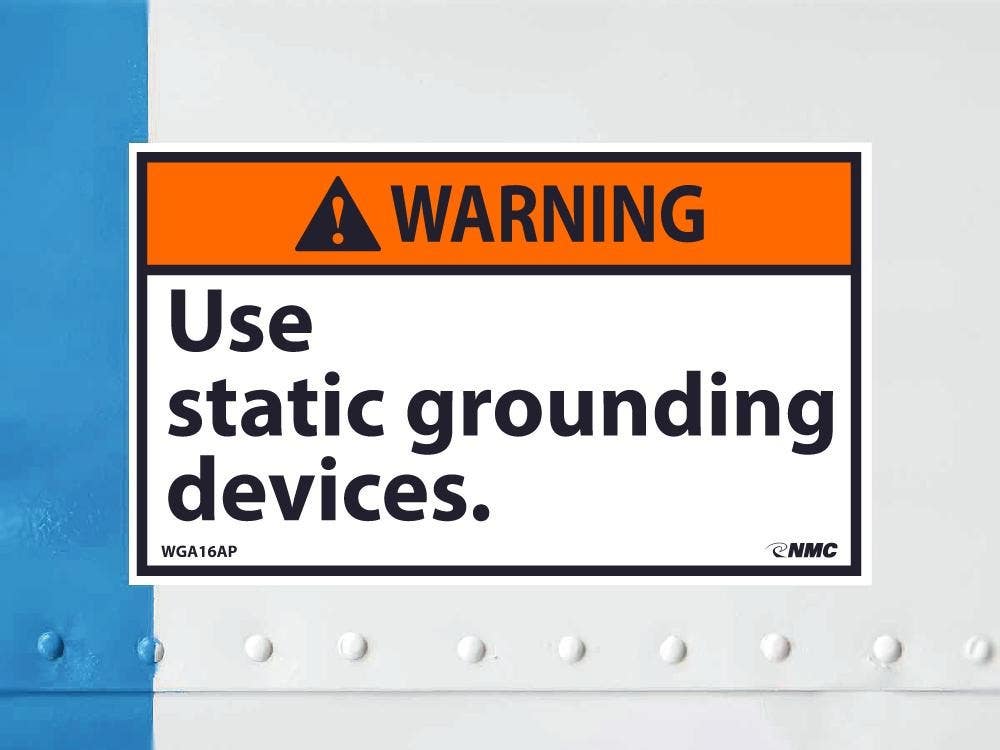 AccuformNMC LELC314VSP ANSI Warning Safety Label, Use Static Grounding Devices, Adhesive Vinyl, 5" x 3-1/2", 5/Pk