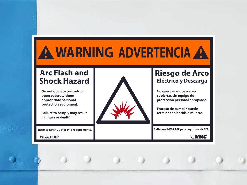 AccuformNMC WGA33AP Warning, Arc Flash & Shock Hazard Label (Graphic), Bilingual, Adhesive Backed Vinyl, 3" x 5", 5/Pk