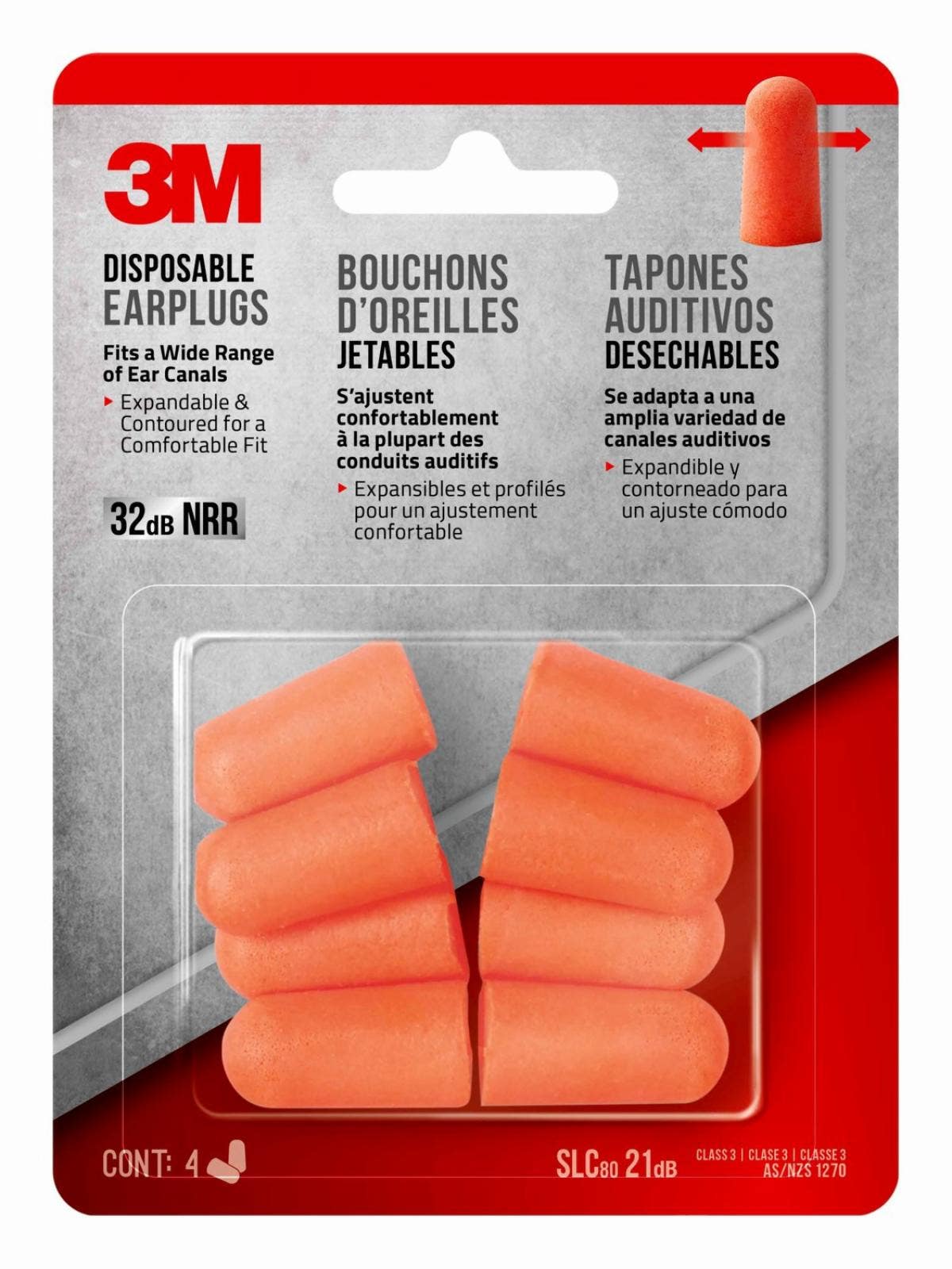 3M 92050H4-C Disposable Earplugs, Orange, NRR 32 dB, 4/Pk