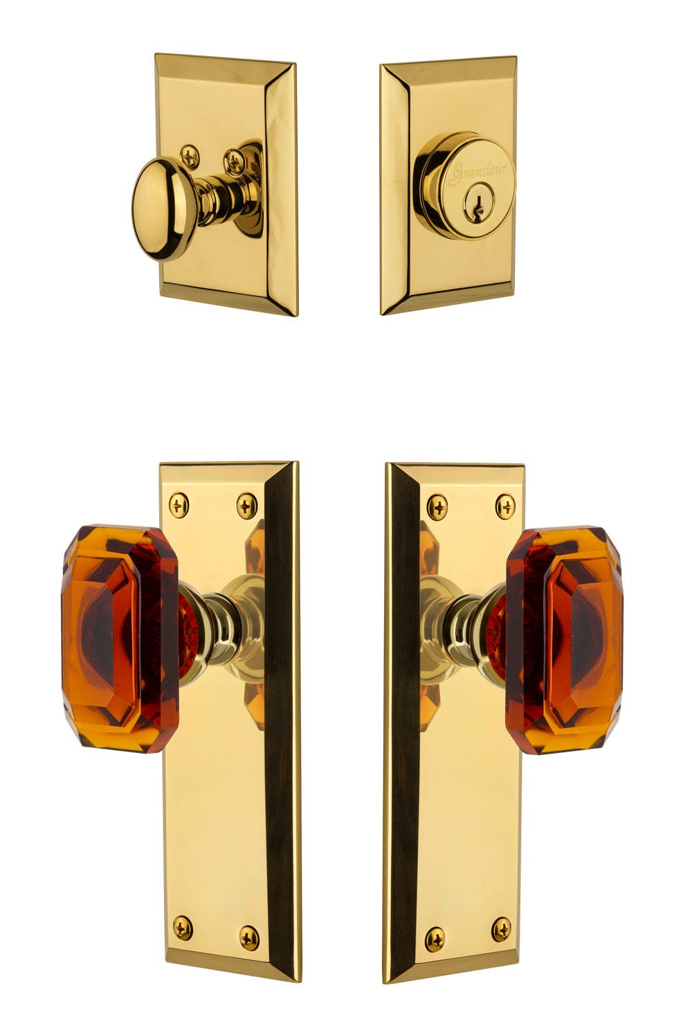 Grandeur Fifth Avenue Plate w/ Amber Baguette Crystal Knob & Matching Deadbolt