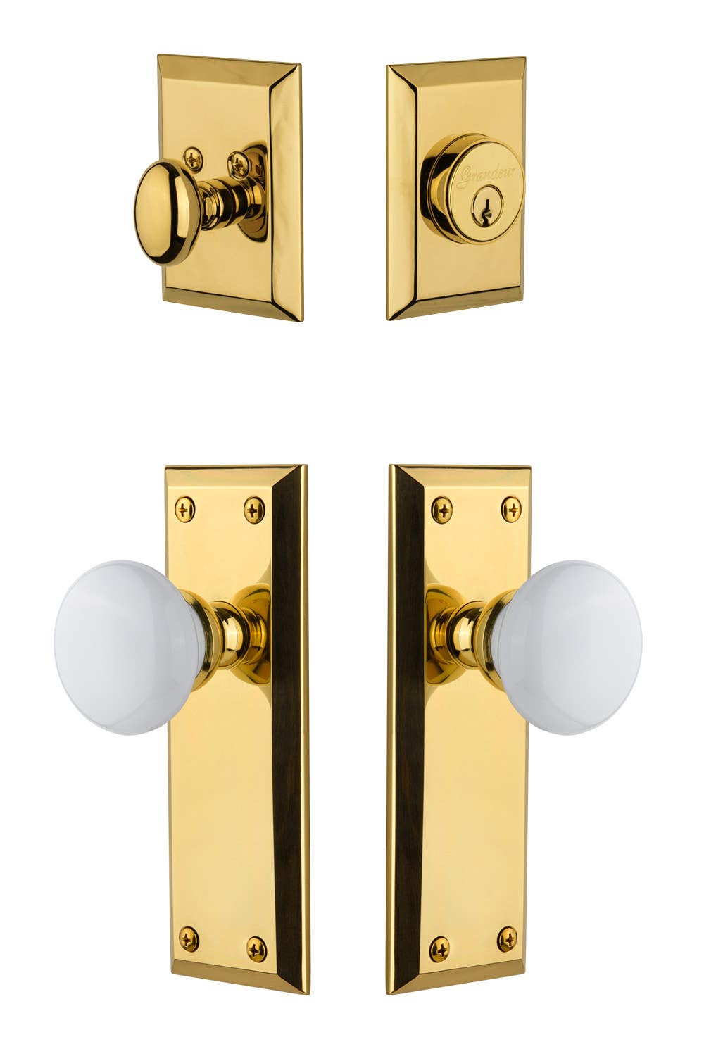 Grandeur Fifth Avenue Plate w/ Hyde Park Porcelain Knob & Matching Deadbolt