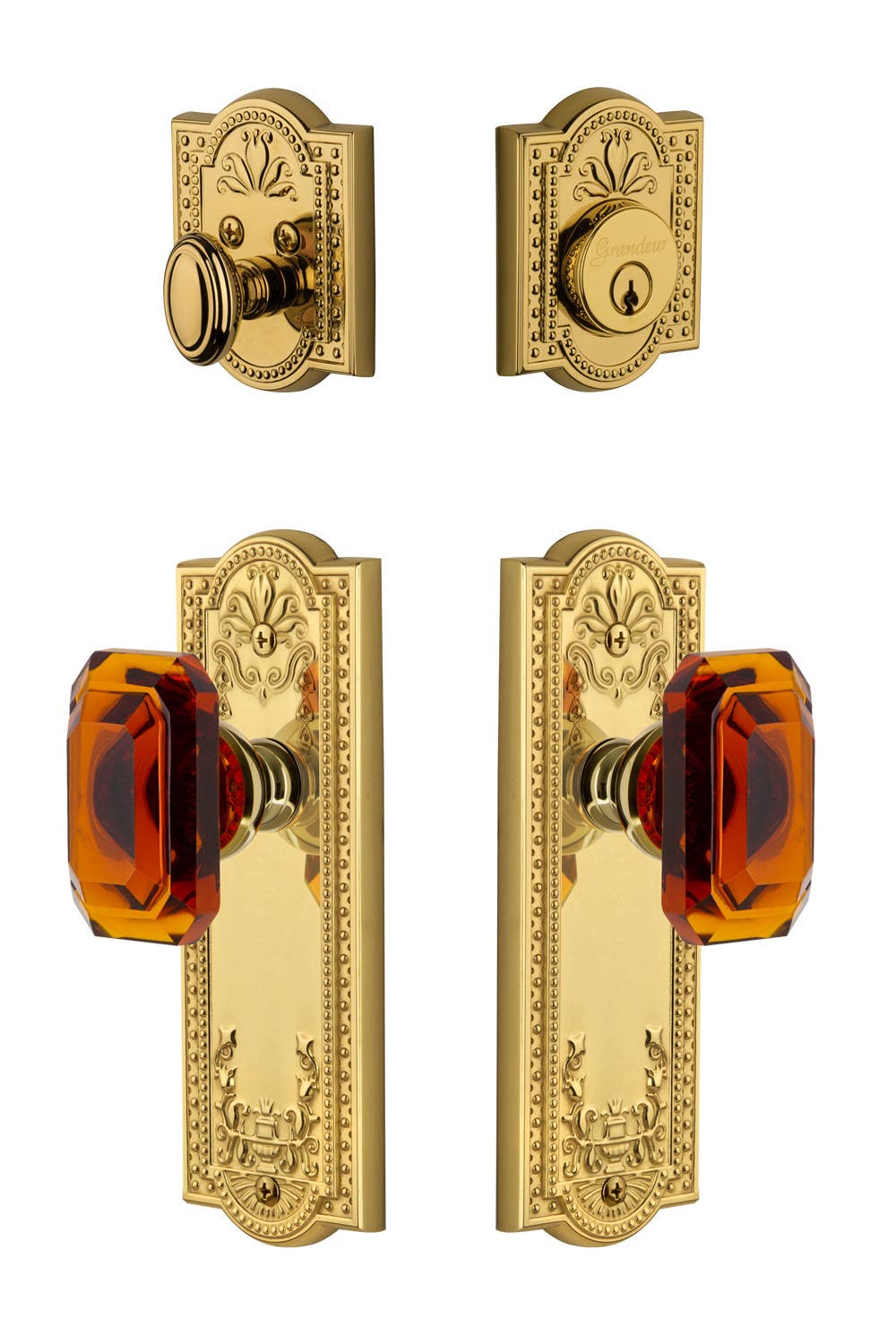 Grandeur Parthenon Plate w/ Amber Baguette Crystal Knob & Matching Deadbolt