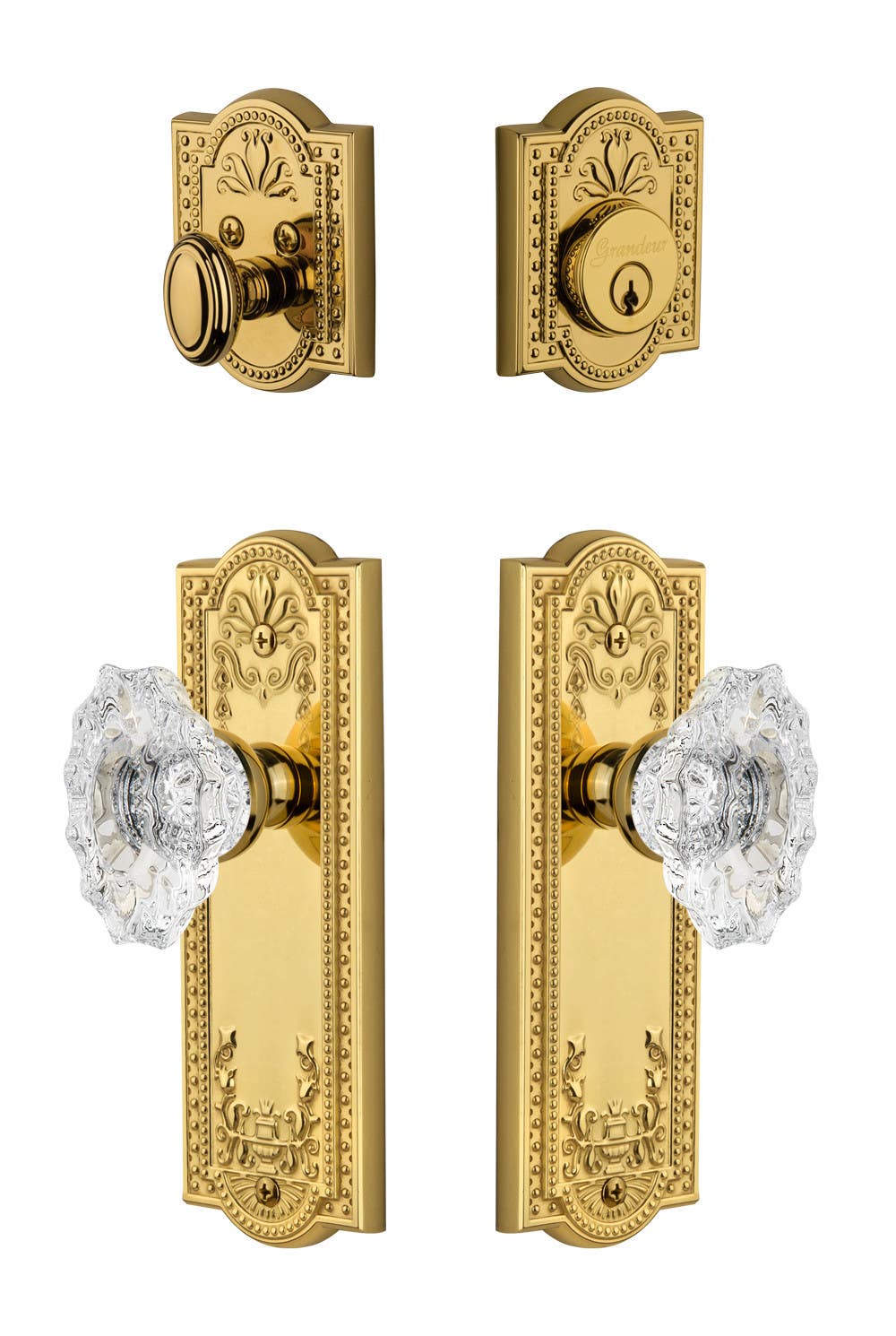 Grandeur Parthenon Plate w/ Biarritz Crystal Knob & Matching Deadbolt