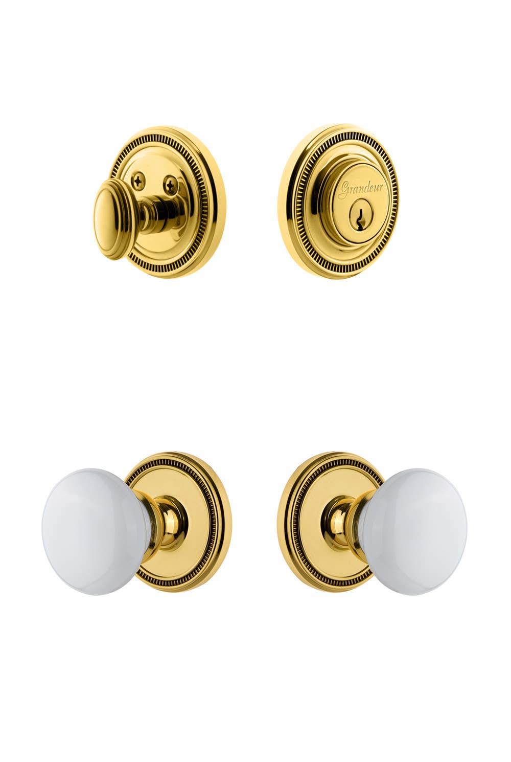 Grandeur Soleil Plate w/ Hyde Park Porcelain Knob & Matching Deadbolt